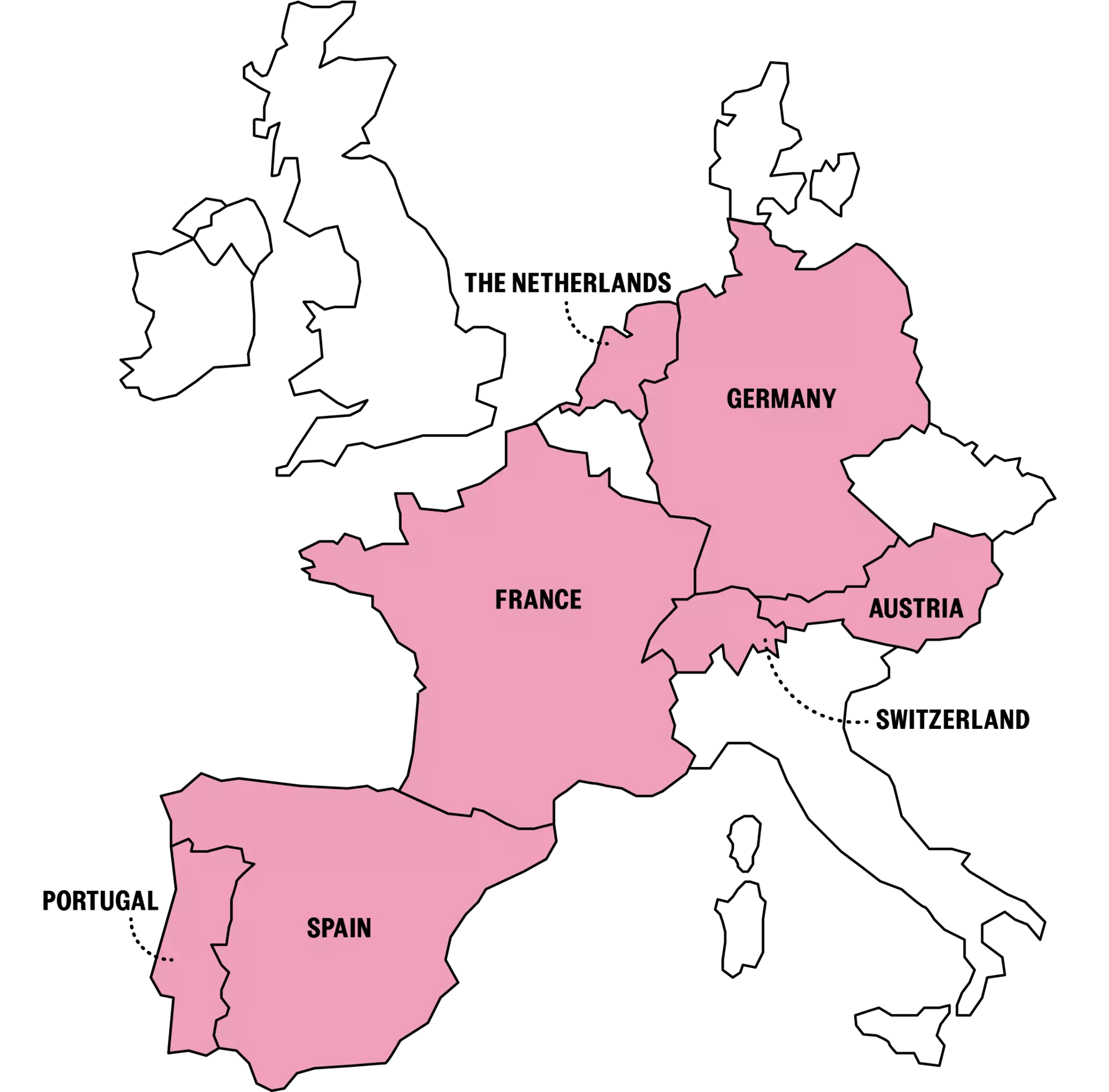 Graphic map with countries highlighted in colour and locations of the Stayery serviced flats