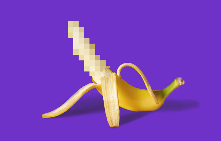 Illustration einer Banane als grafisches Element, bei der der geschälte Teil verpixelt dargestellt ist